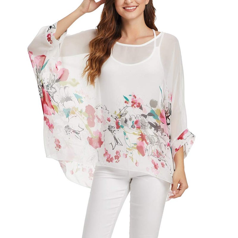 Ckikiou Plus Size Batwing Flowy Semi Sheer Chiffon Blouse Tunic for Women Summer Floral Print Boho Beach Cover ups - Image 2